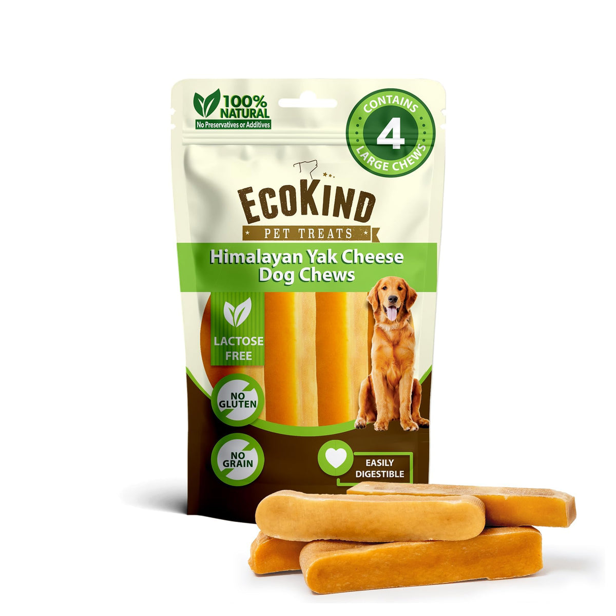 EcoKind Yak Cheese Himalayan Dog Chews for Large Dogs, 4-5 Bones