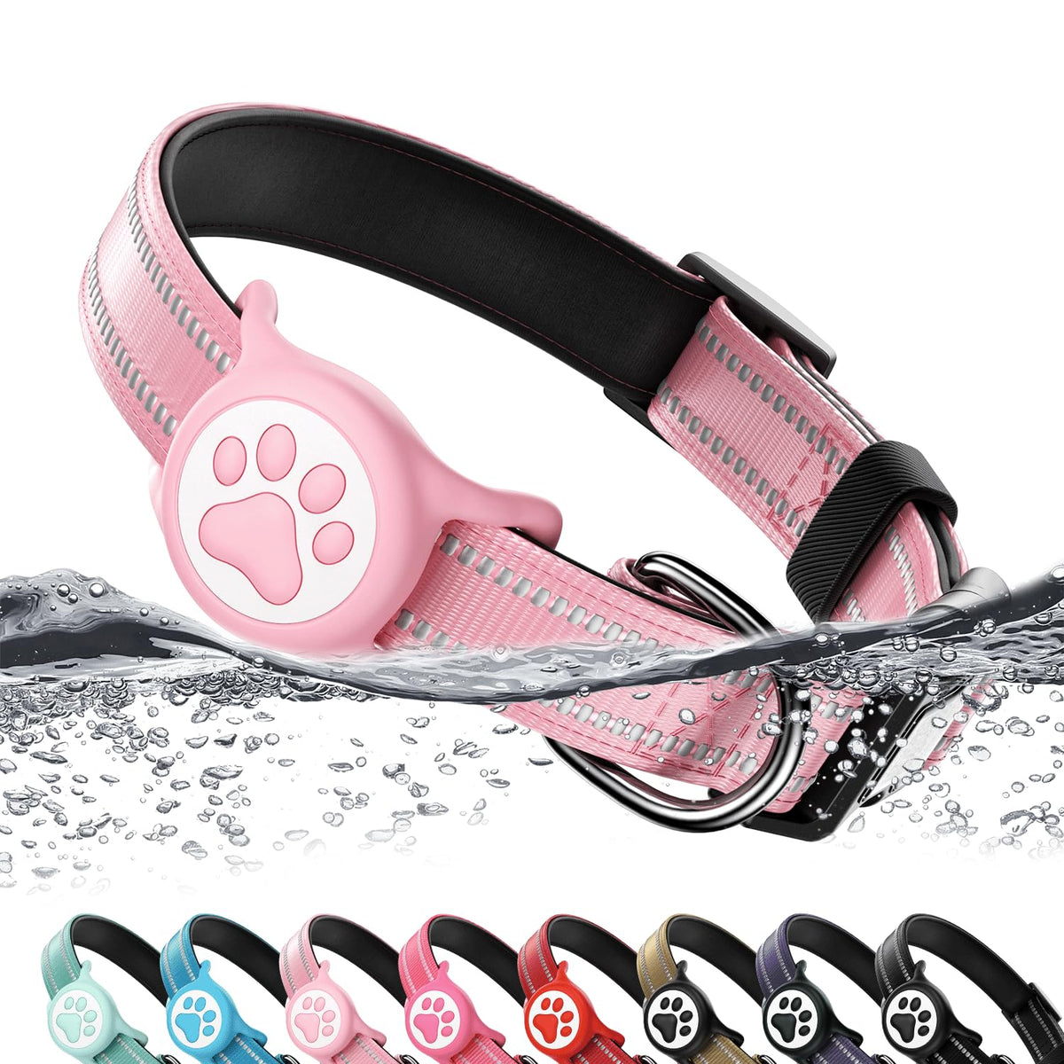 WhoseID Waterproof AirTag Dog Collar, Pink, Small
