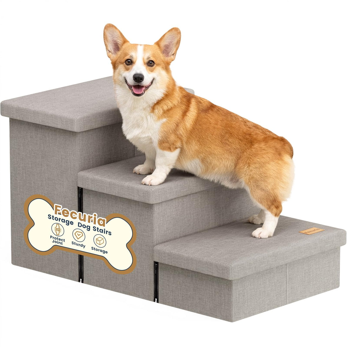 Fecuria 3-Step Dog Stairs with Storage, 18" H, Light Grey