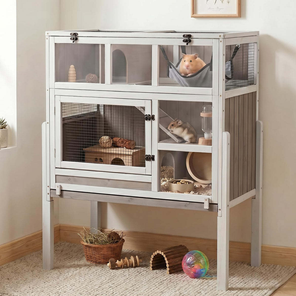 Magazoopet 3-Story Guinea Pig Cage with Stand, Wooden Indoor Habitat