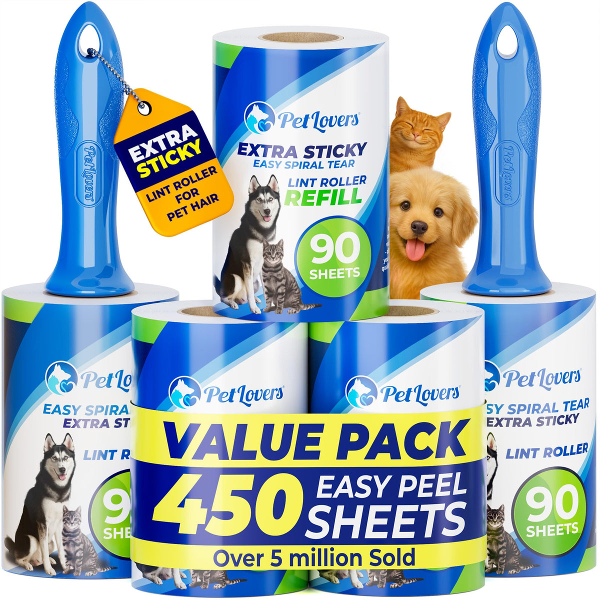 PetLovers Extra Sticky Pet Hair Lint Roller Set, 5 Pack