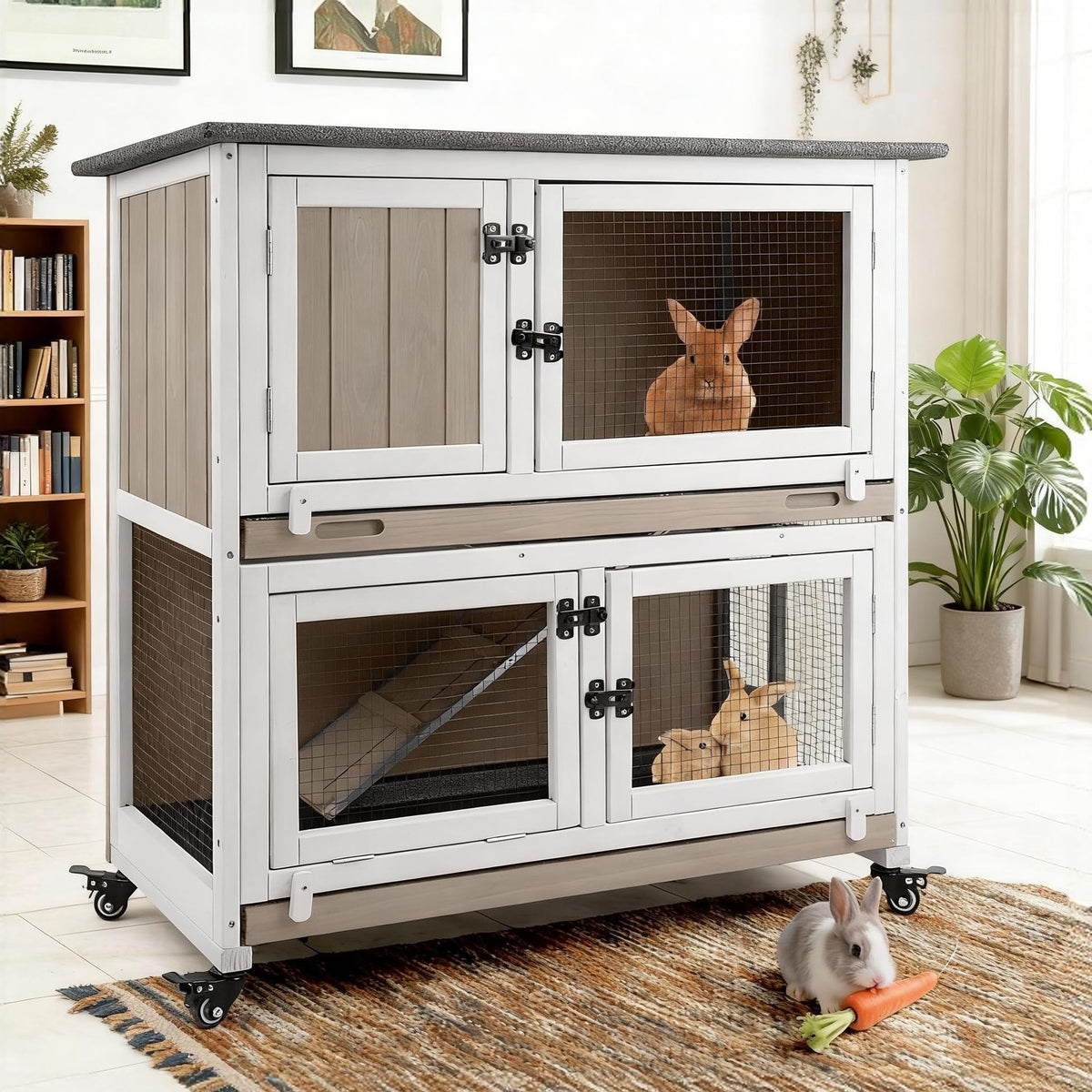 mayugardening 2-Story Wooden Rabbit Hutch with Pull-Out Trays