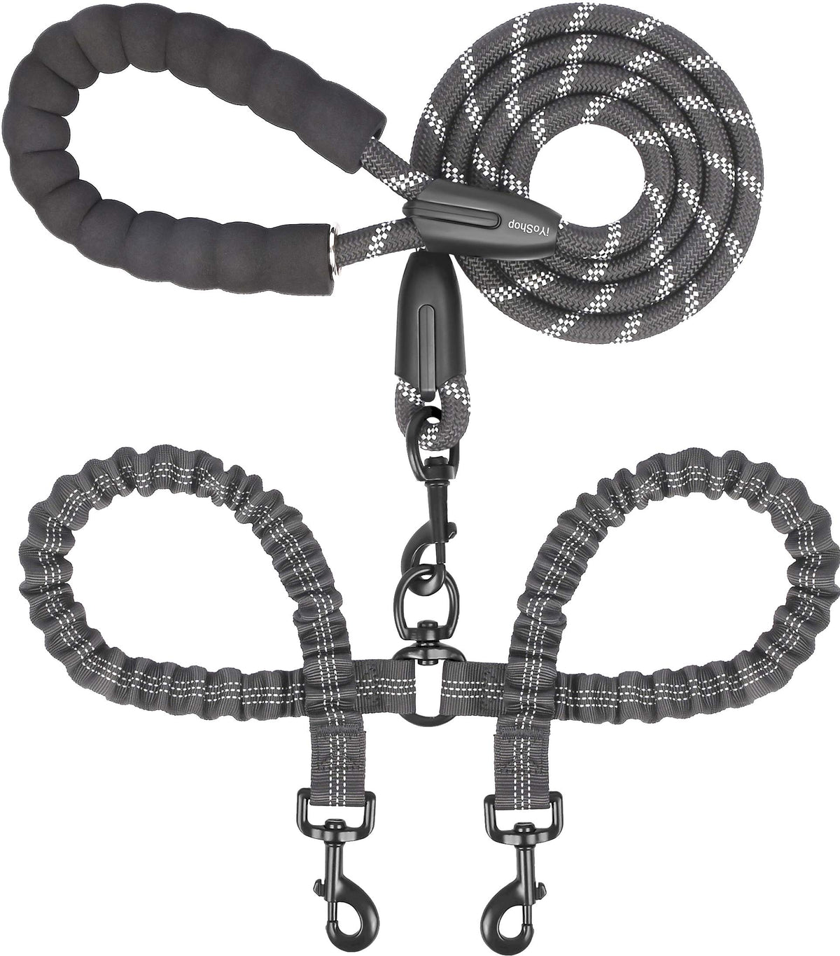iYoShop No-Tangle Double Dog Leash, Large, Black