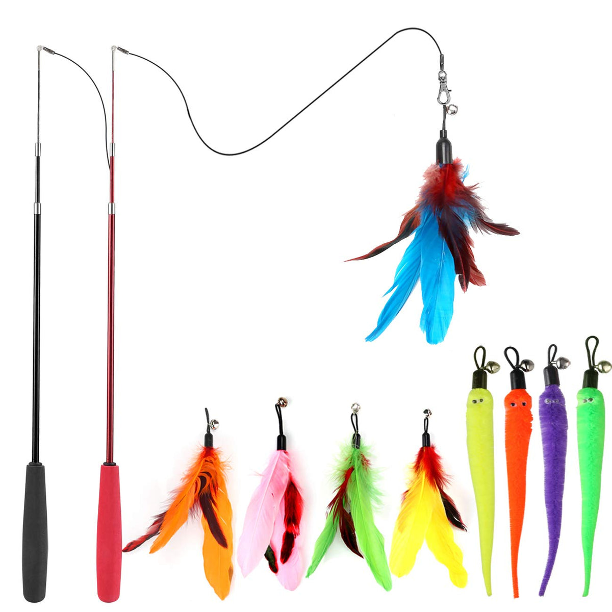 MeoHui Retractable Cat Wand Toy Set with 9 Feather Refills