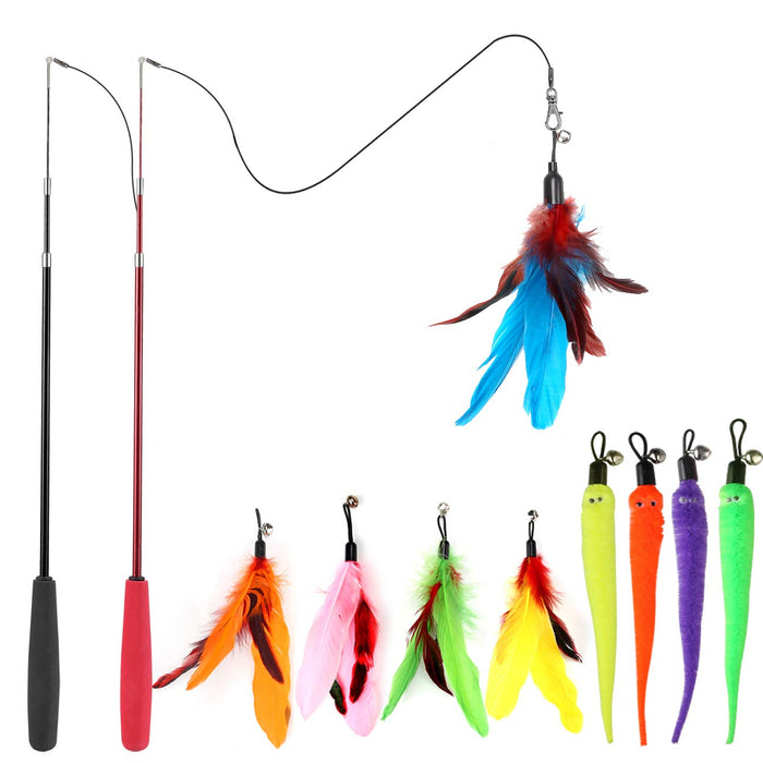 MeoHui Retractable Cat Wand Toy Set with 9 Feather Refills