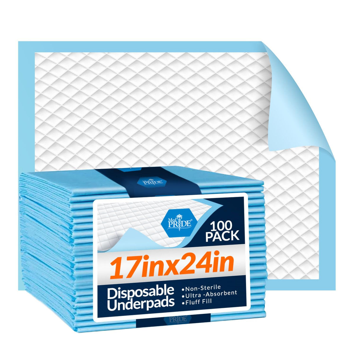 MED PRIDE Disposable Underpads, 17" x 24", 100 Count