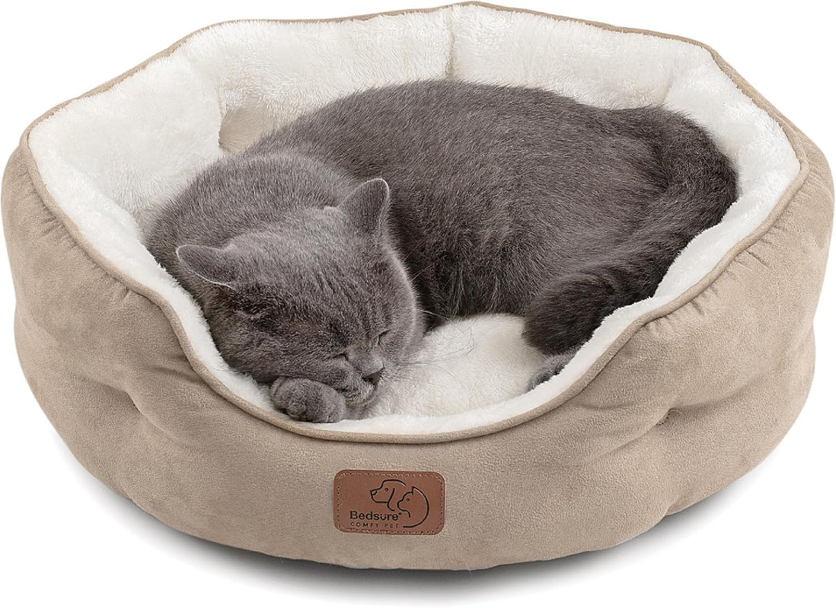 Bedsure Washable Round Small Dog & Cat Bed, 20", Camel