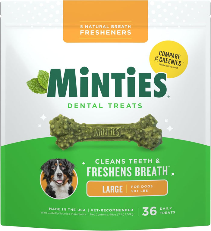 Minties Mint Dental Chews for Dogs, Large Breeds 50+ lbs, 36 Ct