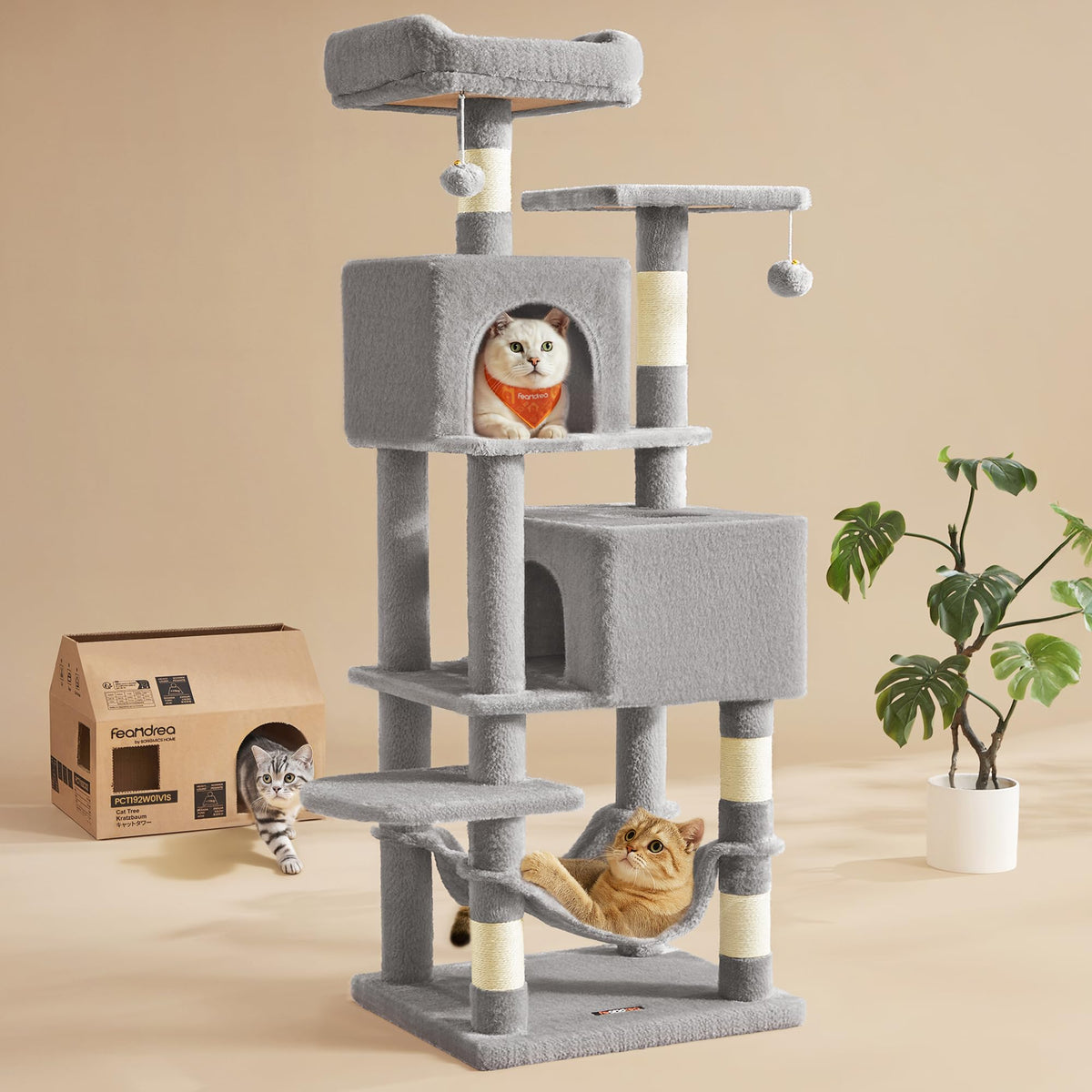 Feandrea 59.5" Multi-Level Cat Tree Tower, Light Gray