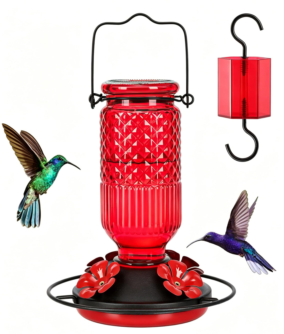 FEED GARDEN Glass Hummingbird Feeder with Ant Moat, 16 oz, Red