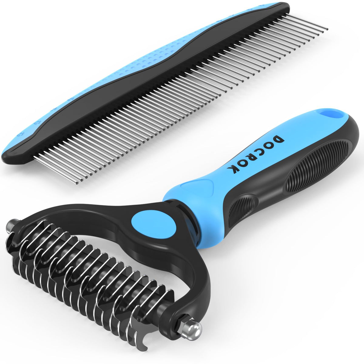 Docrok Deshedding Brush & Metal Comb Grooming Combo, Blue