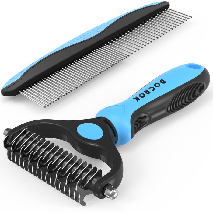 Docrok Deshedding Brush & Metal Comb Grooming Combo, Blue