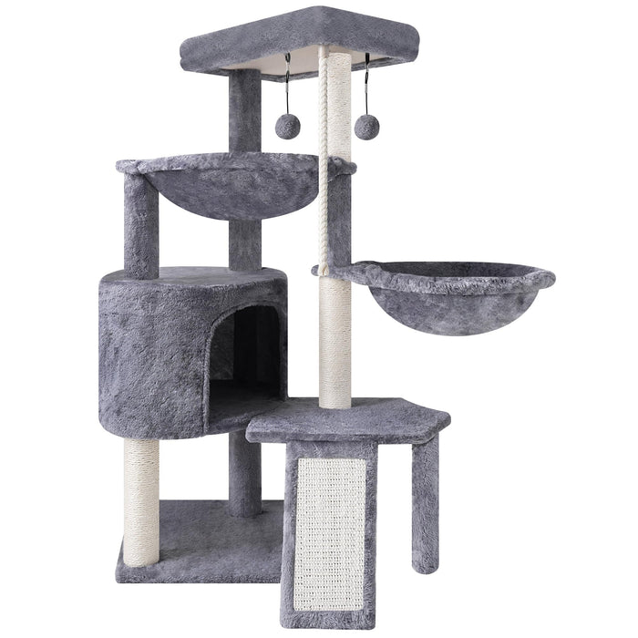 Three Layer Cat Tree with Cat Condo and Two Hammocks (Grey, 37.4")