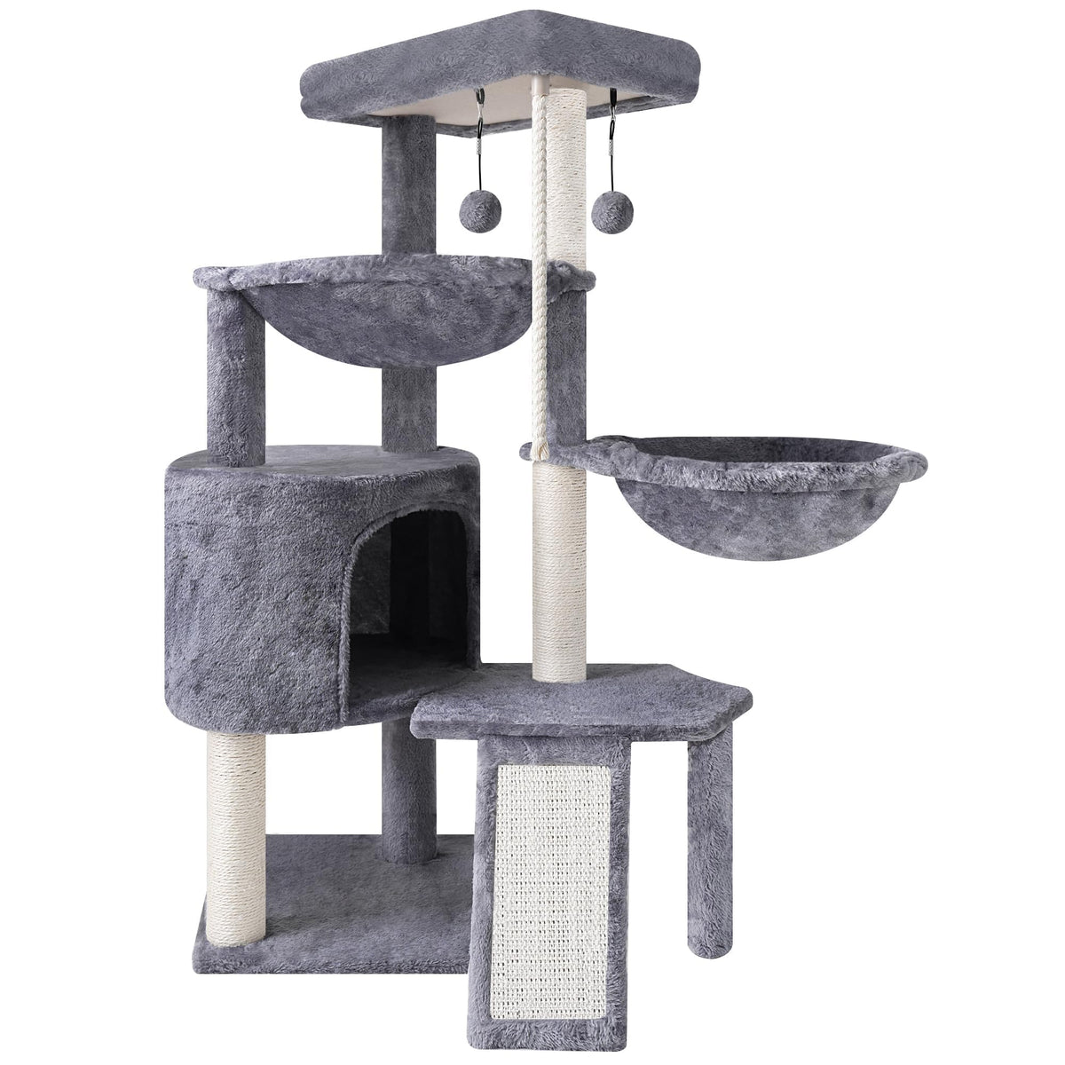 Three Layer Cat Tree with Cat Condo and Two Hammocks (Grey, 37.4")