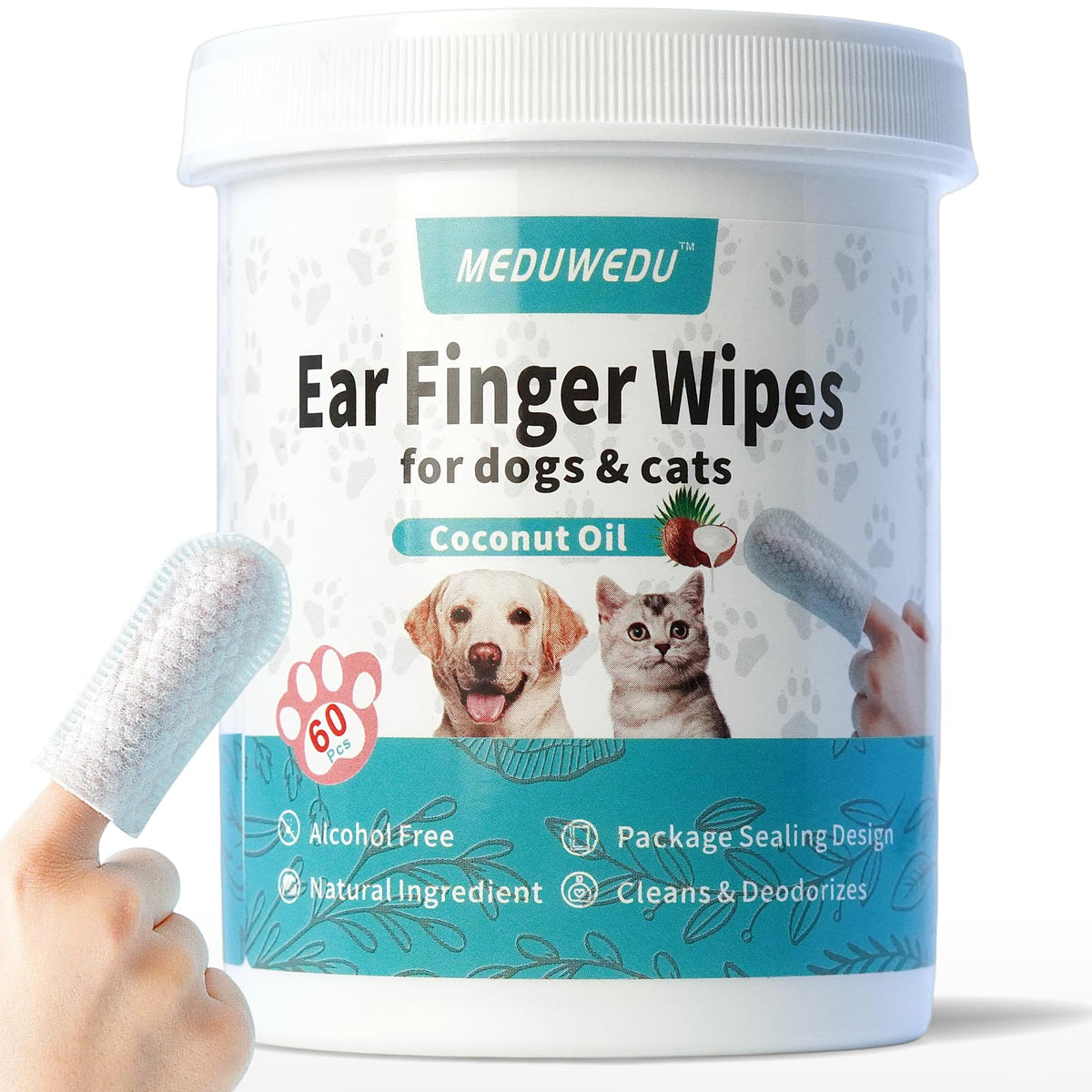 MEDUWEDU Ear Cleaner Finger Wipes for Dogs & Cats, 60 Count