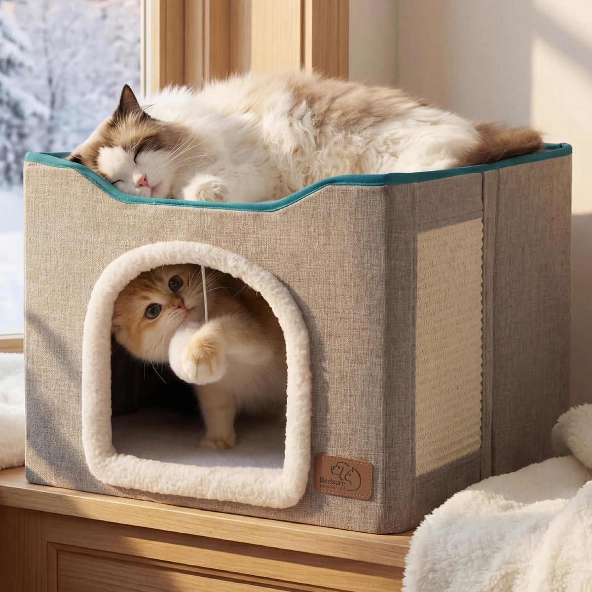 Bedsure Cat House Bed with Fluffy Ball & Scratch Pad, Grey