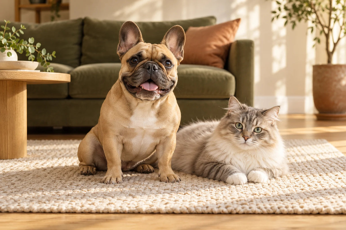 French bulldog and cat relaxing together in a sunlit living room